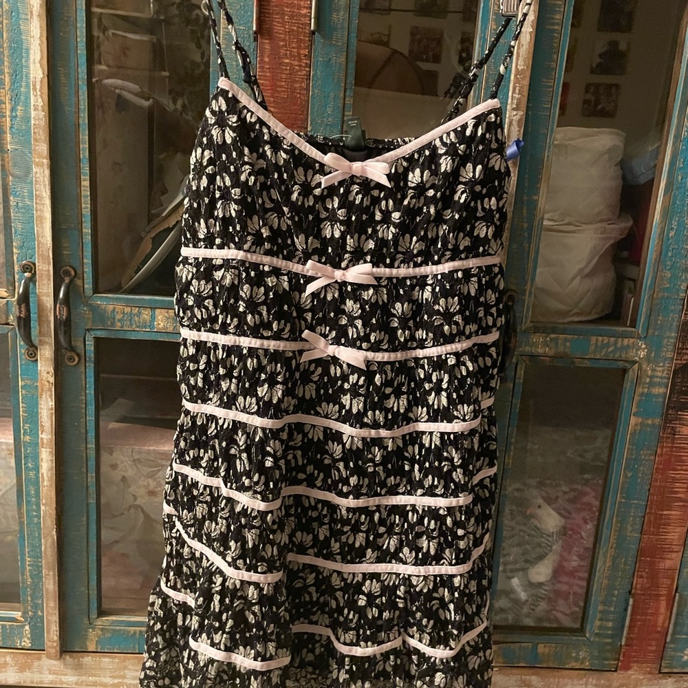 Boho Black Lace Tiered Mini Dress With Ribbon Accents multiple sizes